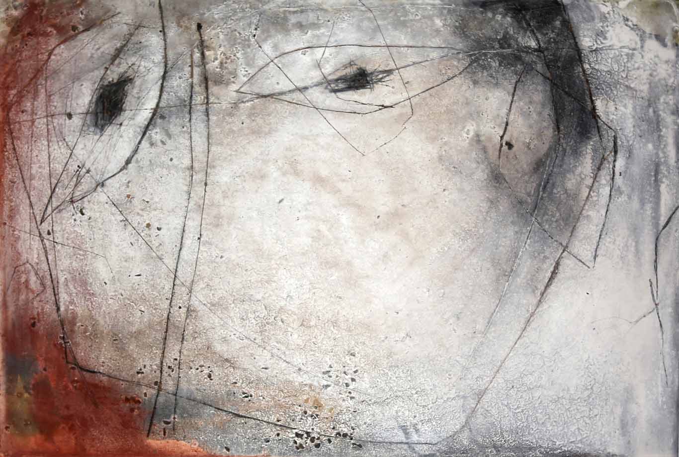 Abstract painting with pigments, rock powder, ash, charcoal and scratches