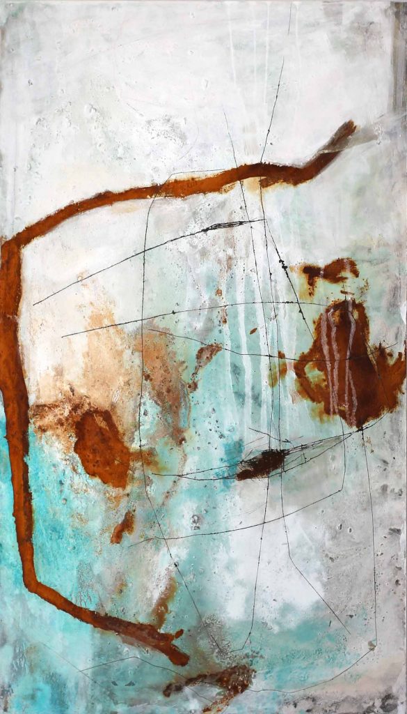 Mixed media | Abstract painting with pigments, rust & ash on wood