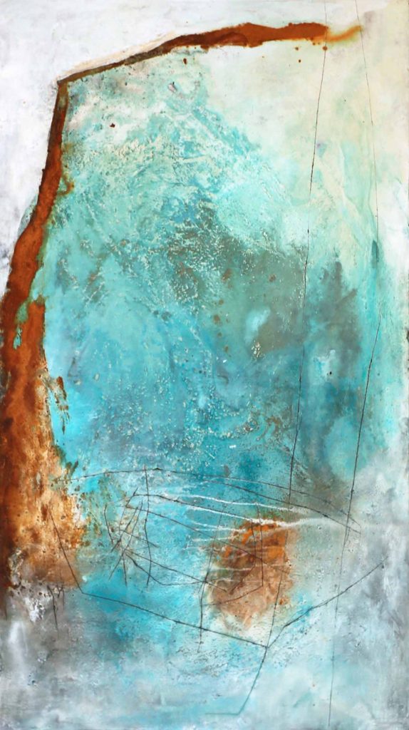 Abstract painting with pigments, rust, ash and scratches on wood