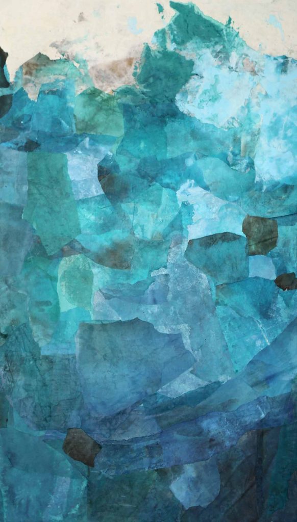 Abstract collage of Chinese papers in turquoise and emerald tones in large format
