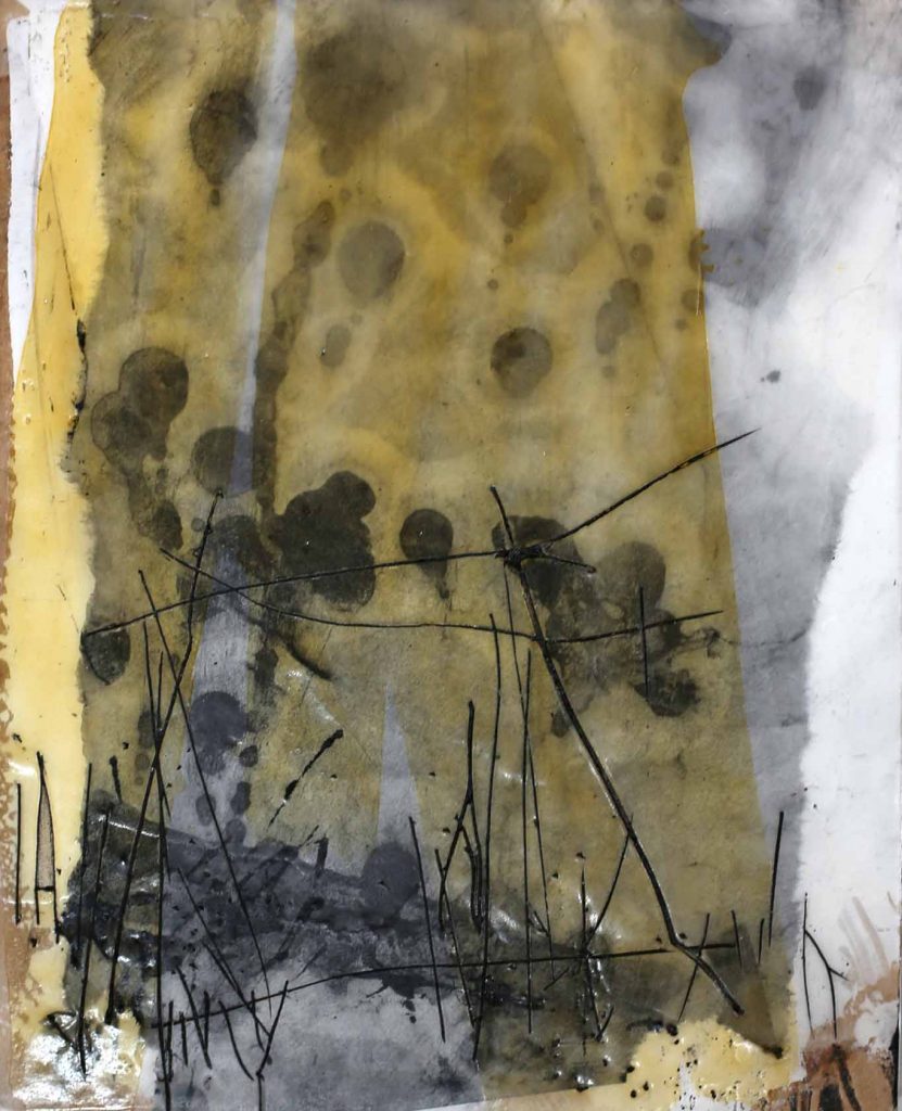 abstrakte collage aus papier, wachs & schellack - wintercamping - katja gramann