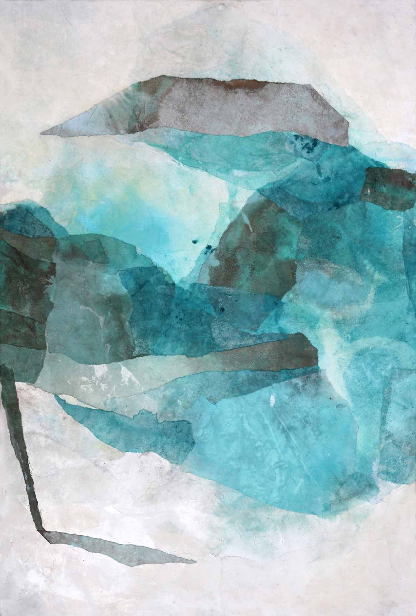Abstract collage made of china paper in turquoise and emerald tones in medium format
