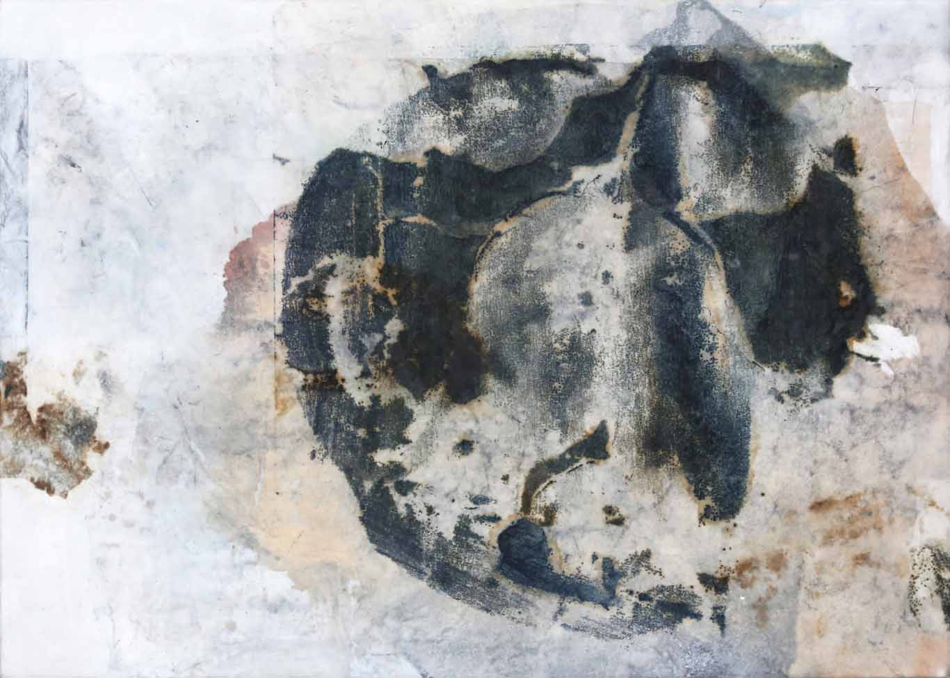 Abstract collage made of china paper under wax in gray, blue and sand tones in medium format