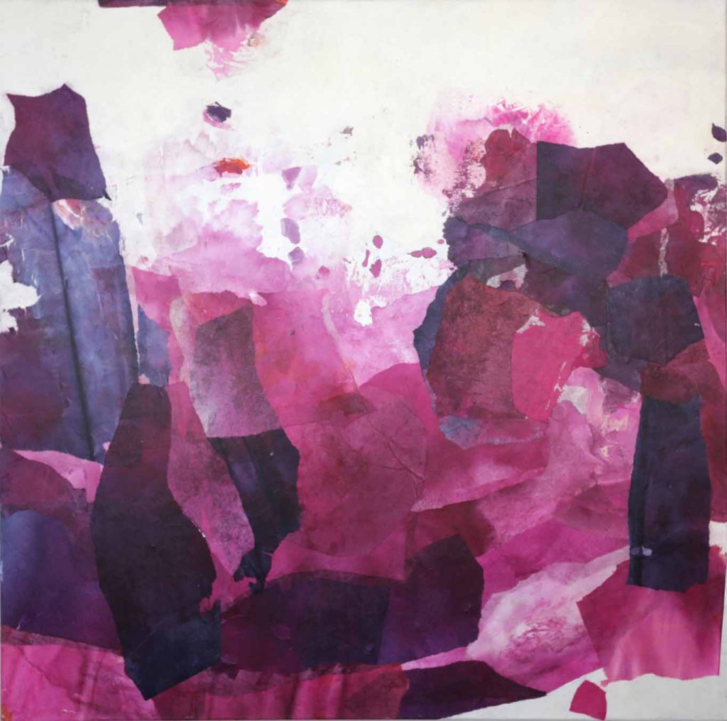 Abstract collage made of china paper in pink, rose, violet tones in large format