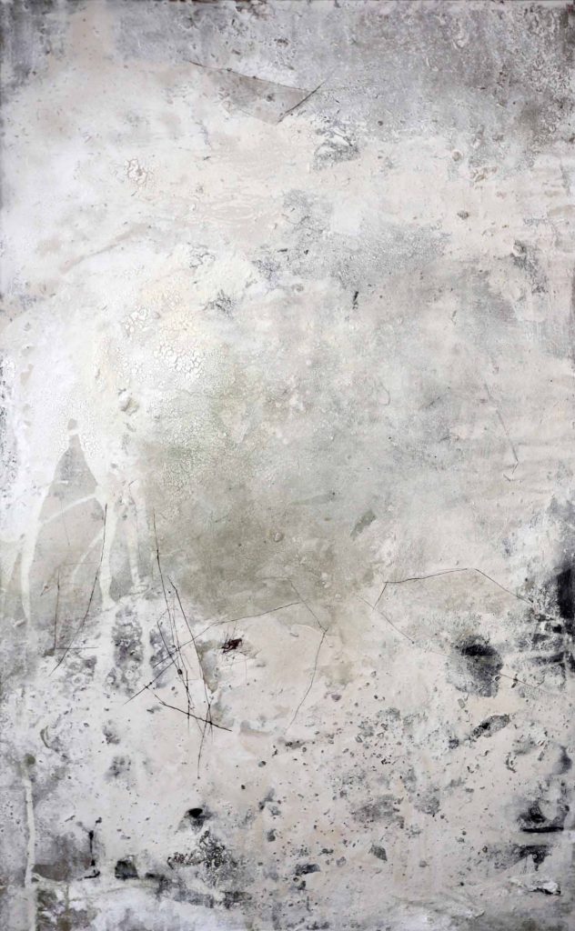 Abstract painting made of ashes, pigments and rock powder with incisions