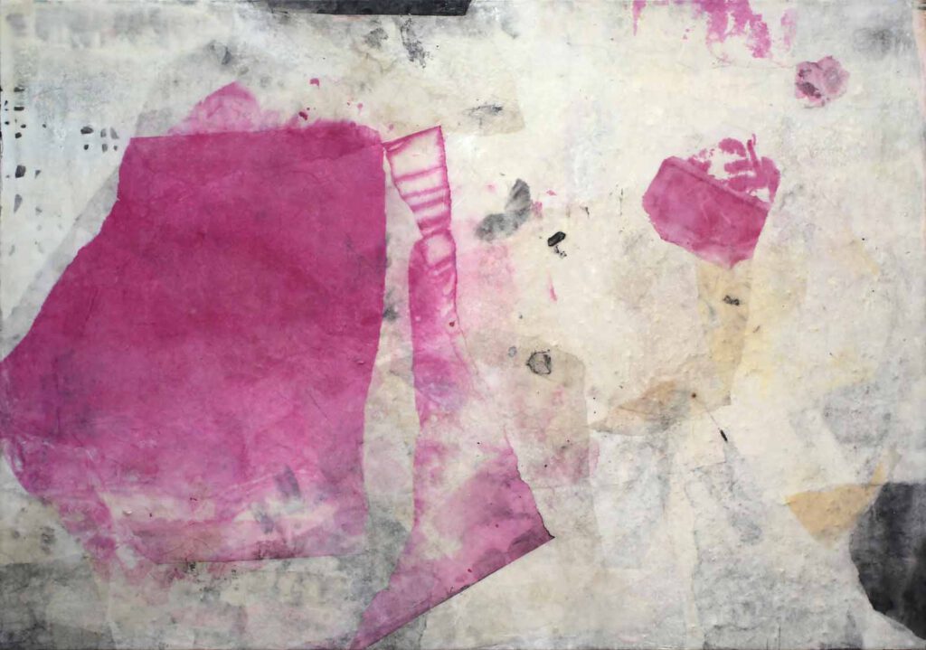 Abstract collage made of china paper | pink collage under wax