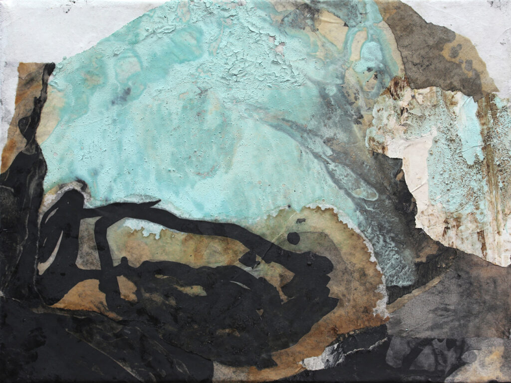 abstract collage of china paper in turquoise and coffee tones