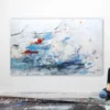 Künstlerin Katja Gramann neben ihrem großformatigen abstrakten Originalgemälde "Segel setzen" im eigenen Atelier