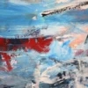 Detailaufnahme aus "Segel setzen": kräftiges Rot trifft auf leuchtendes Hellblau, sichtbare Maltechnik in Acryl