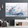 Abstraktes Acrylbild "Segel setzen" an dunkelgrauer Wand über einem weißen Sideboard im Wohnzimmer