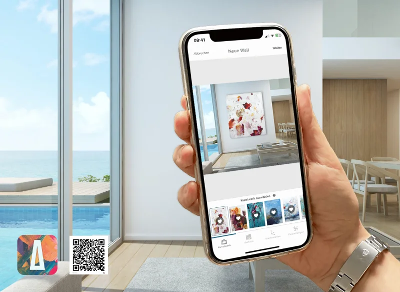 Ein Smartphone zeigt die virtuelle Vorschau eines abstrakten Gemäldes von Katja Gramann an einer echten Wand mittels Augmented Reality und der iazzu-App.
