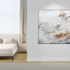 Abstraktes Gemälde im quadratischen Format von Katja Gramann an heller Wand in elegant eingerichtetem Schlafzimmer