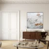 abstraktes Bild in Mischtechnik über Holzsideboard in stilvollem Altbau-Wohnzimmer mit Stuckdecke