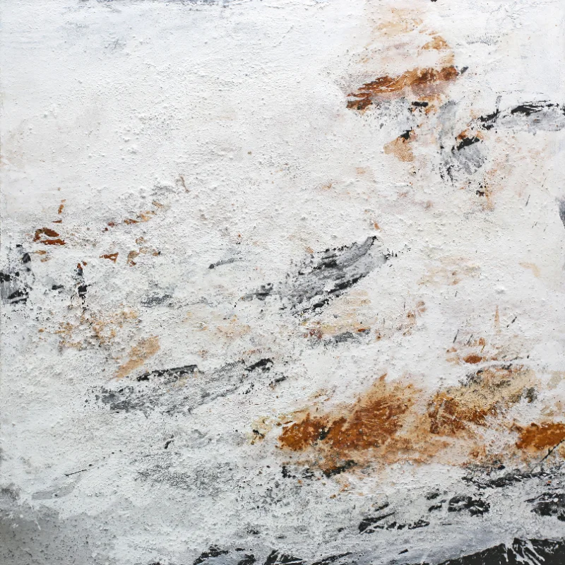 Abstraktes informelles Originalgemälde in Mischtechnik von Katja Gramann in Weiß, Schwarz und Rost, 120 x 120 cm