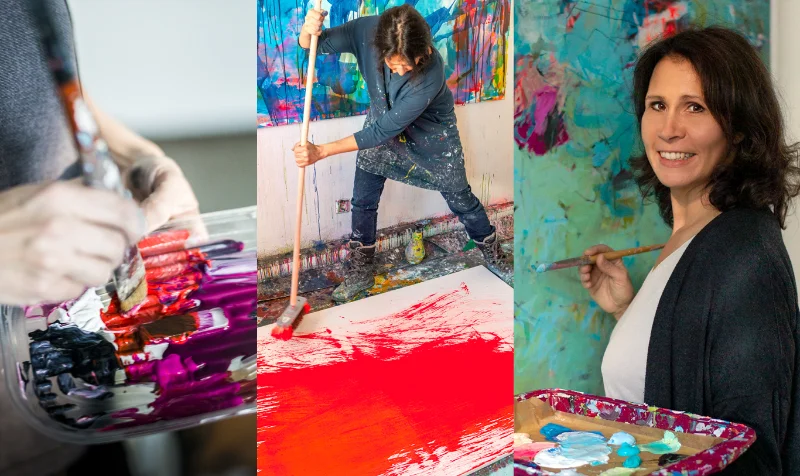 atelier-abstrakte-acrylmalerei-katja-gramann ie Künstlerin Katja Gramann arbeitet in ihrem Atelier bei München an einem ausdrucksstarken, großformatigen abstrakten Acrylgemälde