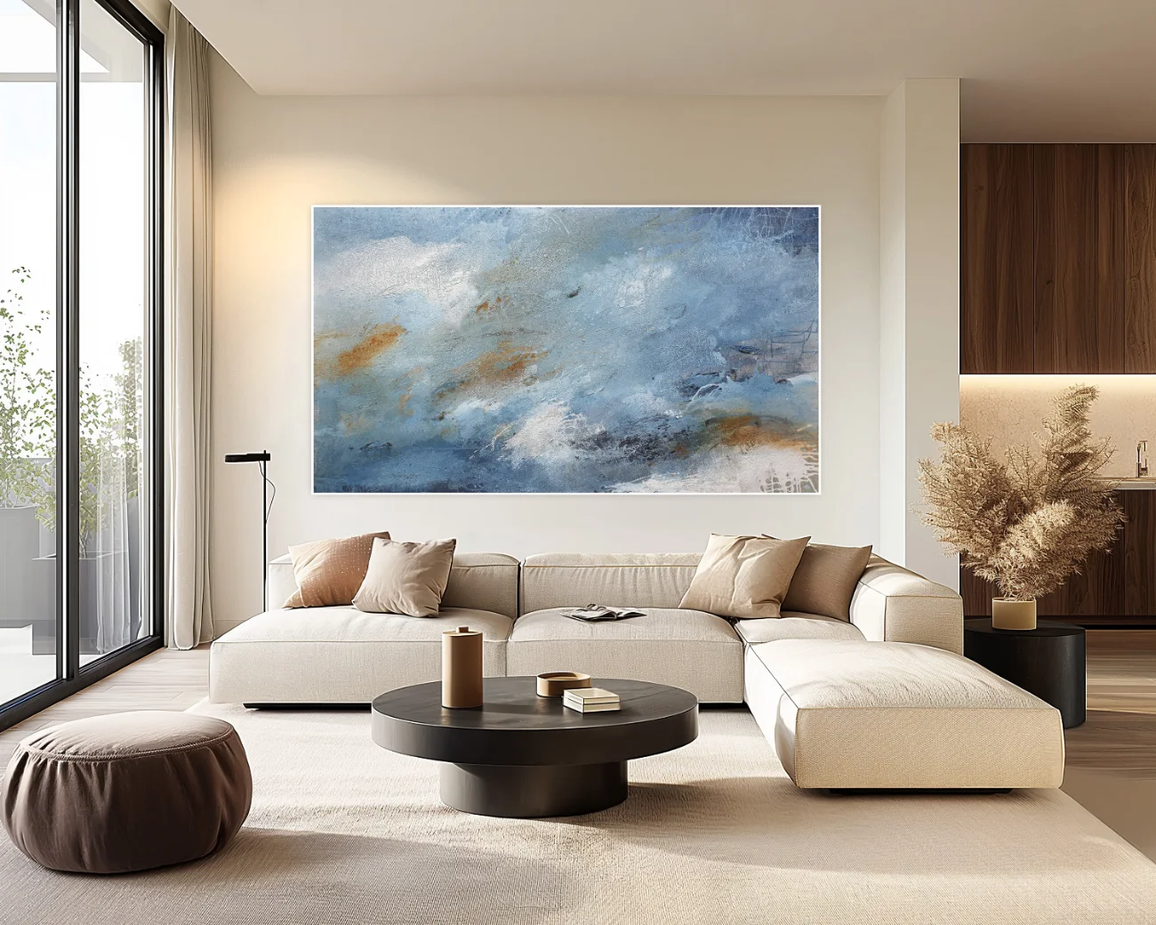 Großformatiges abstraktes blaues Gemälde und Mixed-Media-Kunstwerk im XXL-Format 130x230cm von Katja Gramann.
