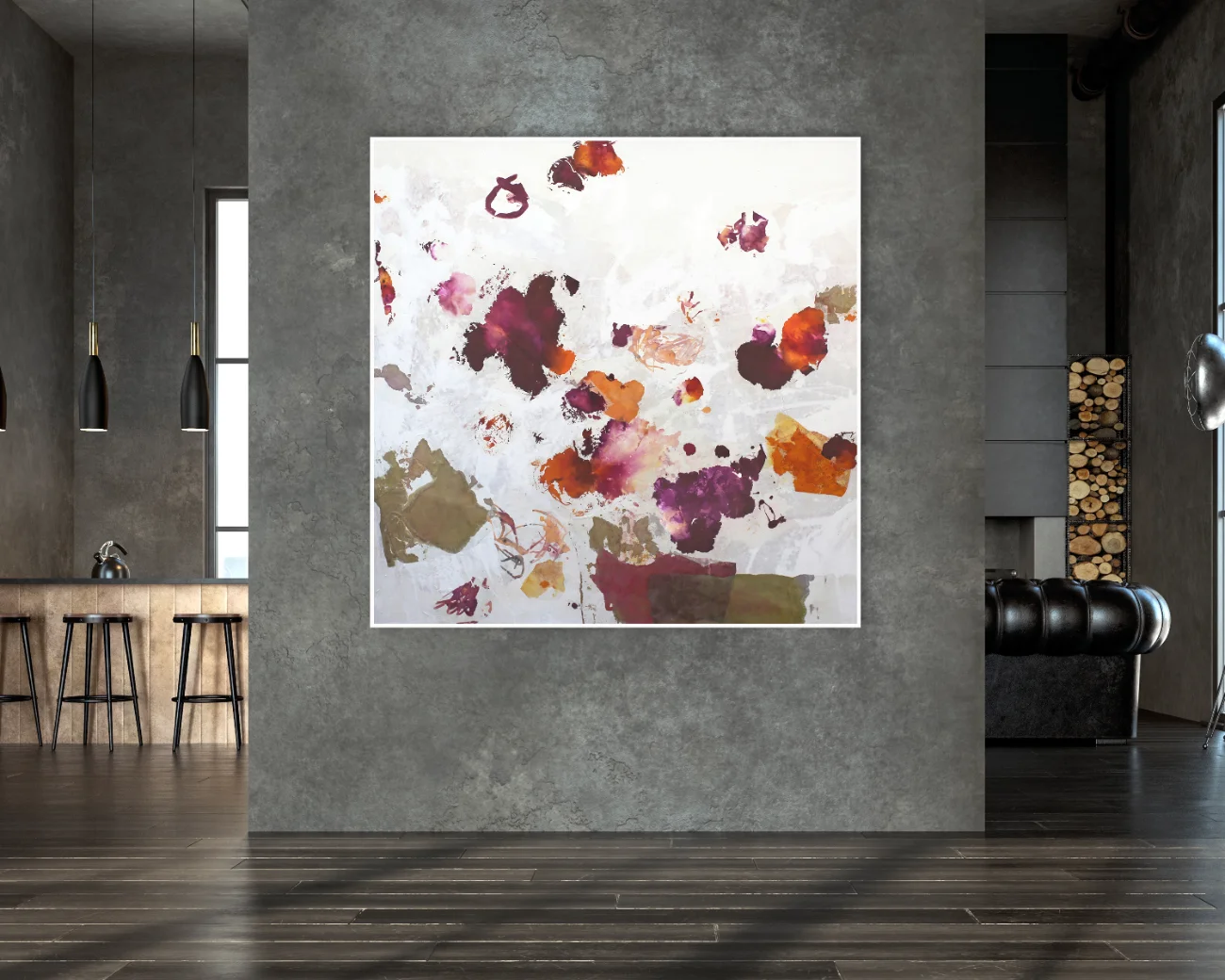 Quadratische große abstrakte Kunst und Collage „Easy 1“ im Format 160x160cm von Katja Gramann als modernes Wandbild.