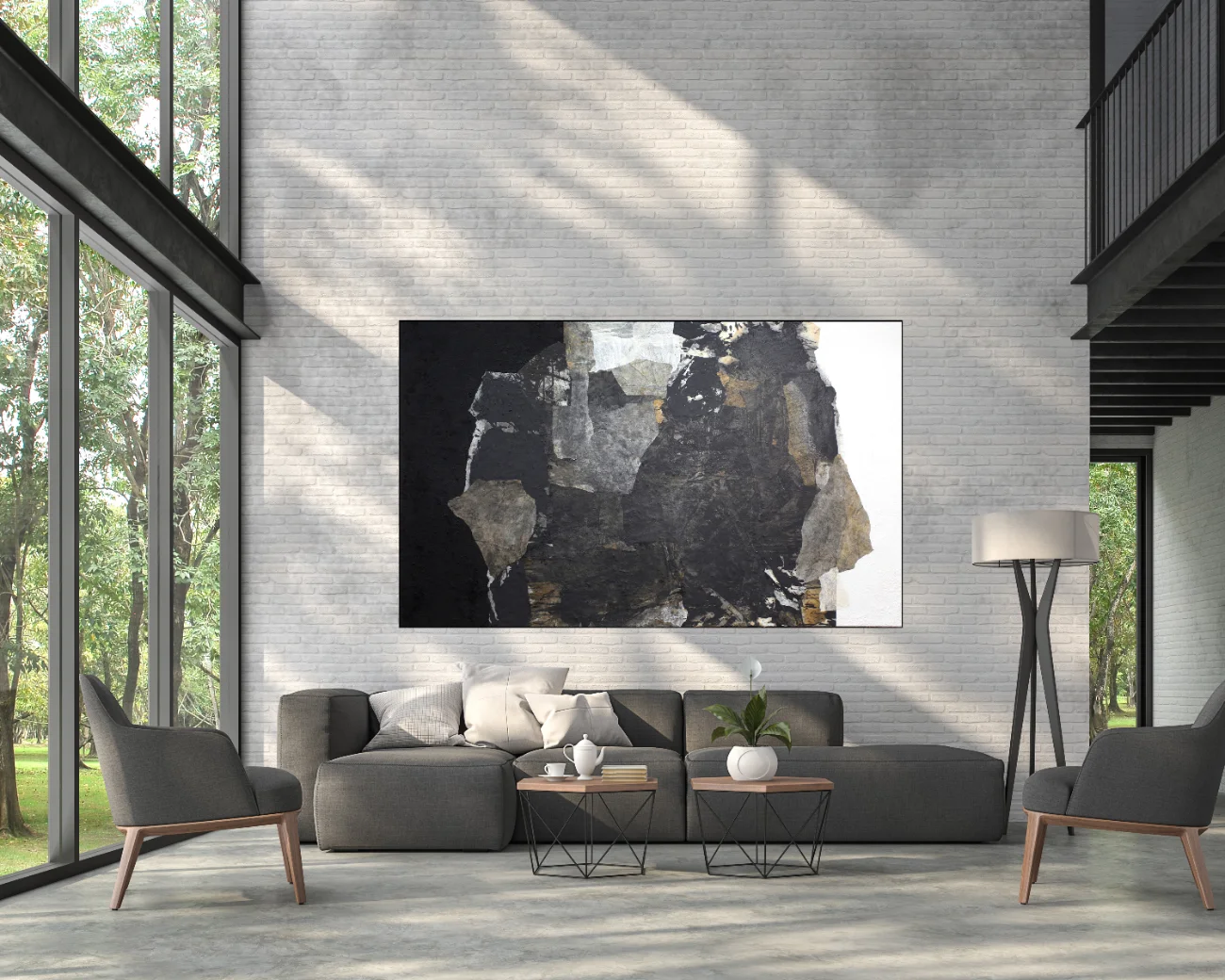 Monumentales abstraktes schwarz-weißes Wandbild und große Collage im XXL-Format 170x280cm von Katja Gramann.