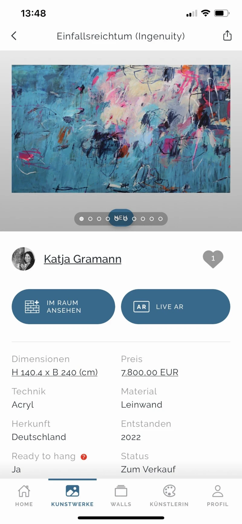 Auswahlbildschirm der iazzu-App zur Entscheidung zwischen Live Augmented Reality und virtuellem Demo-Raum für ein Gemälde von Katja Gramann.