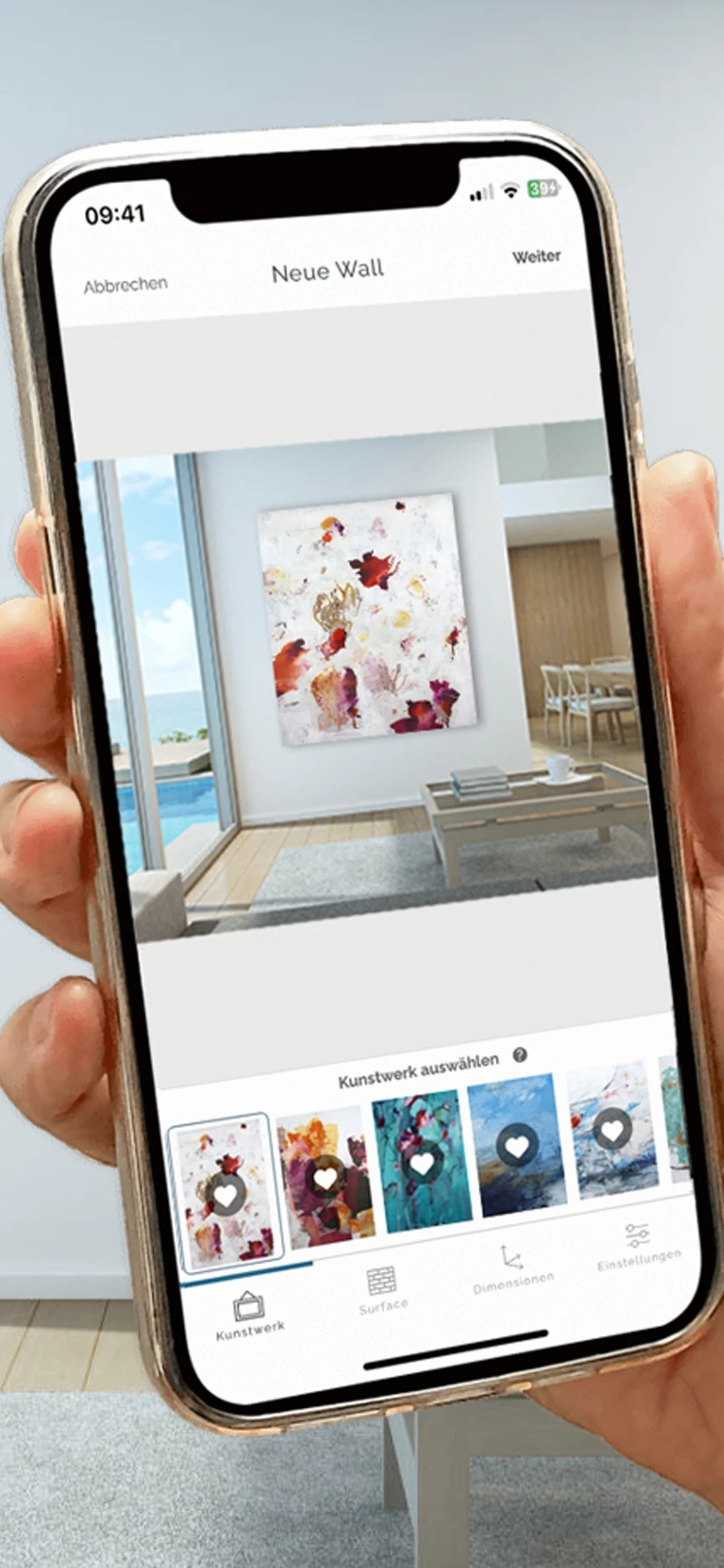 Smartphone zeigt ein abstraktes Gemälde von Katja Gramann in Echtzeit per Augmented Reality an einer echten Wand.