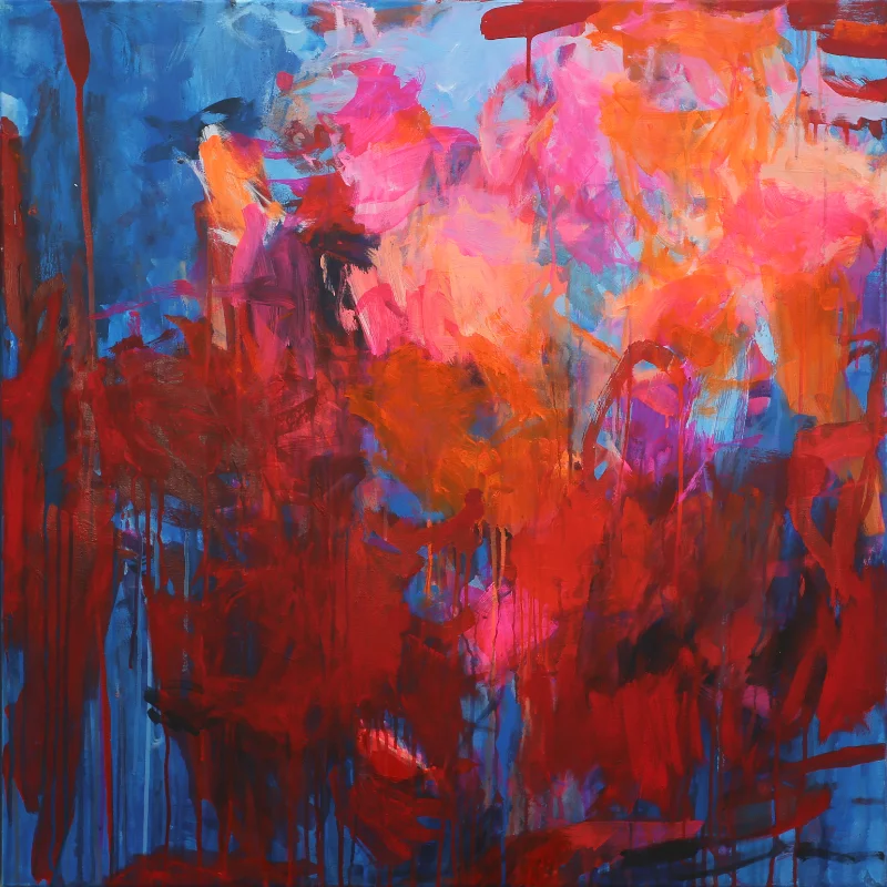 Abstraktes Acrylbild mit knalligen Neonfarben in Rot, Pink, Orange und Blau, expressive Pinselstriche und Farbverläufe, Katja Gramann