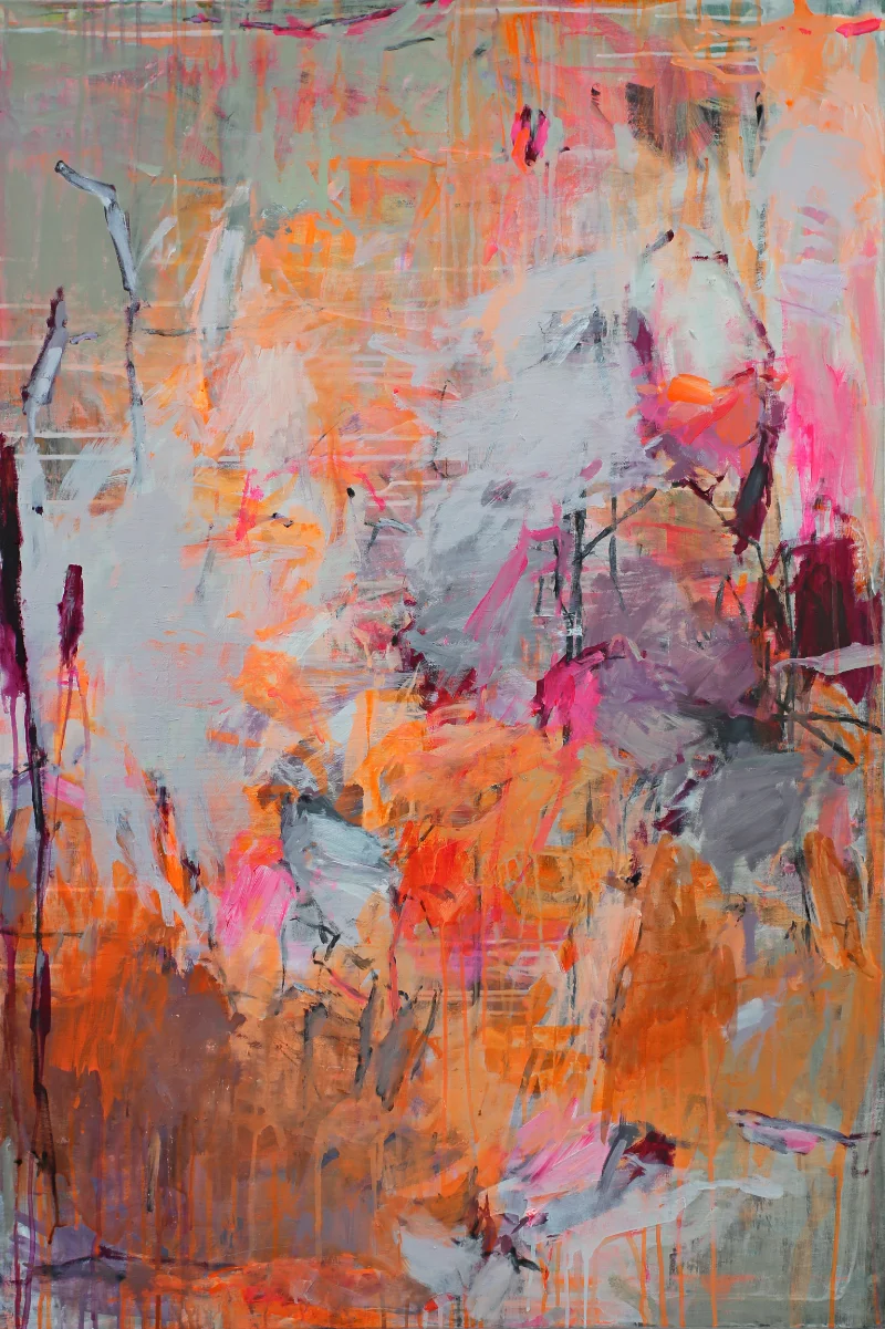 Abstraktes Acrylgemälde mit Neonfarben in Orange, Pink und Weiß, lockere Pinselführung im Hochformat, Katja Gramann