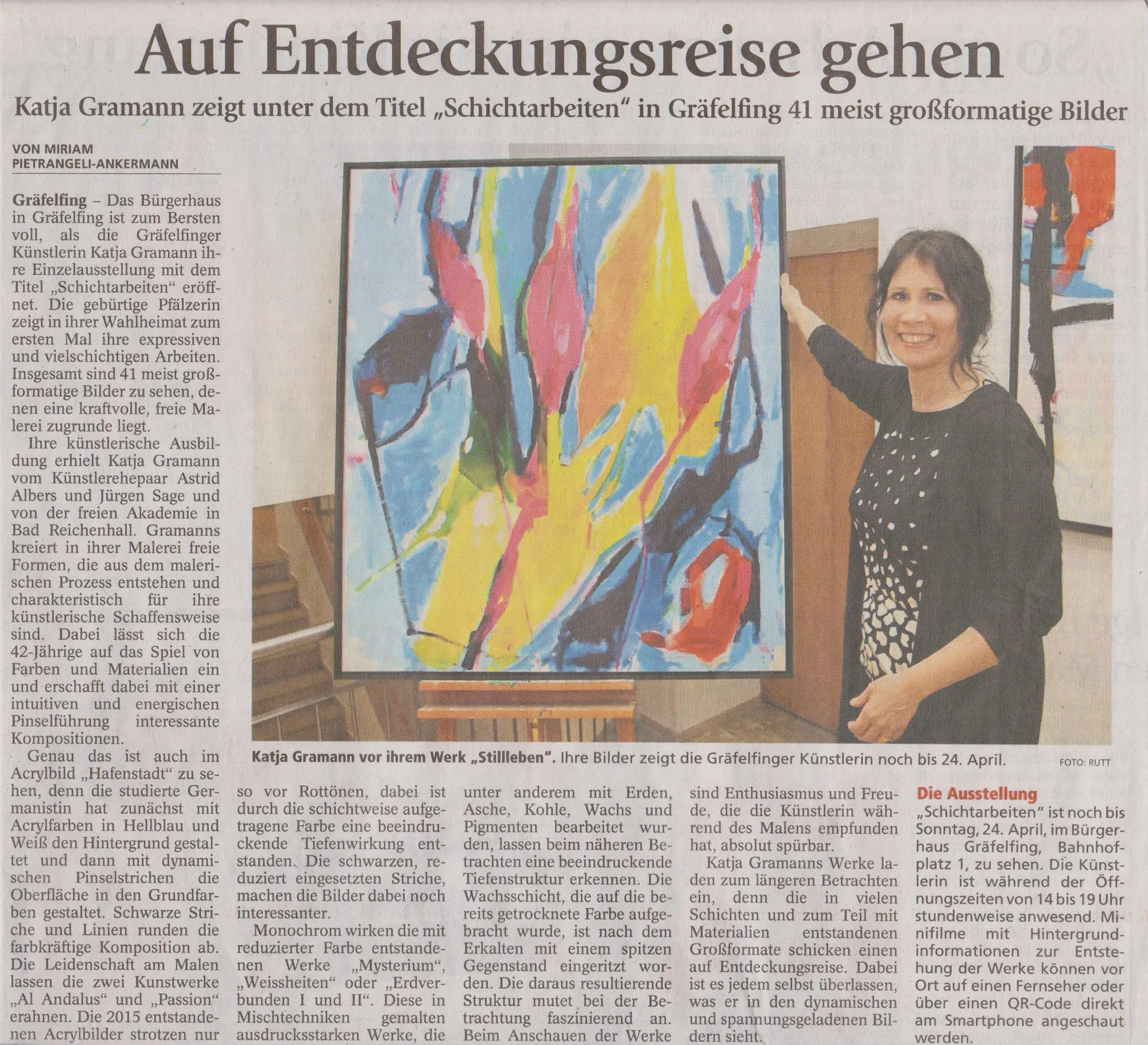 Pressebericht im Münchner Merkur vom 18. April 2016 über die Einzelausstellung "Schichtarbeiten" von Katja Gramann im Bürgerhaus Gräfelfing