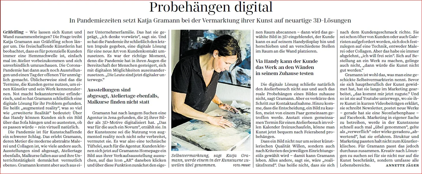 Pressebericht der Süddeutschen Zeitung über das virtuelle Bilder-Probehängen per Augmented-Reality-App bei Katja Gramann