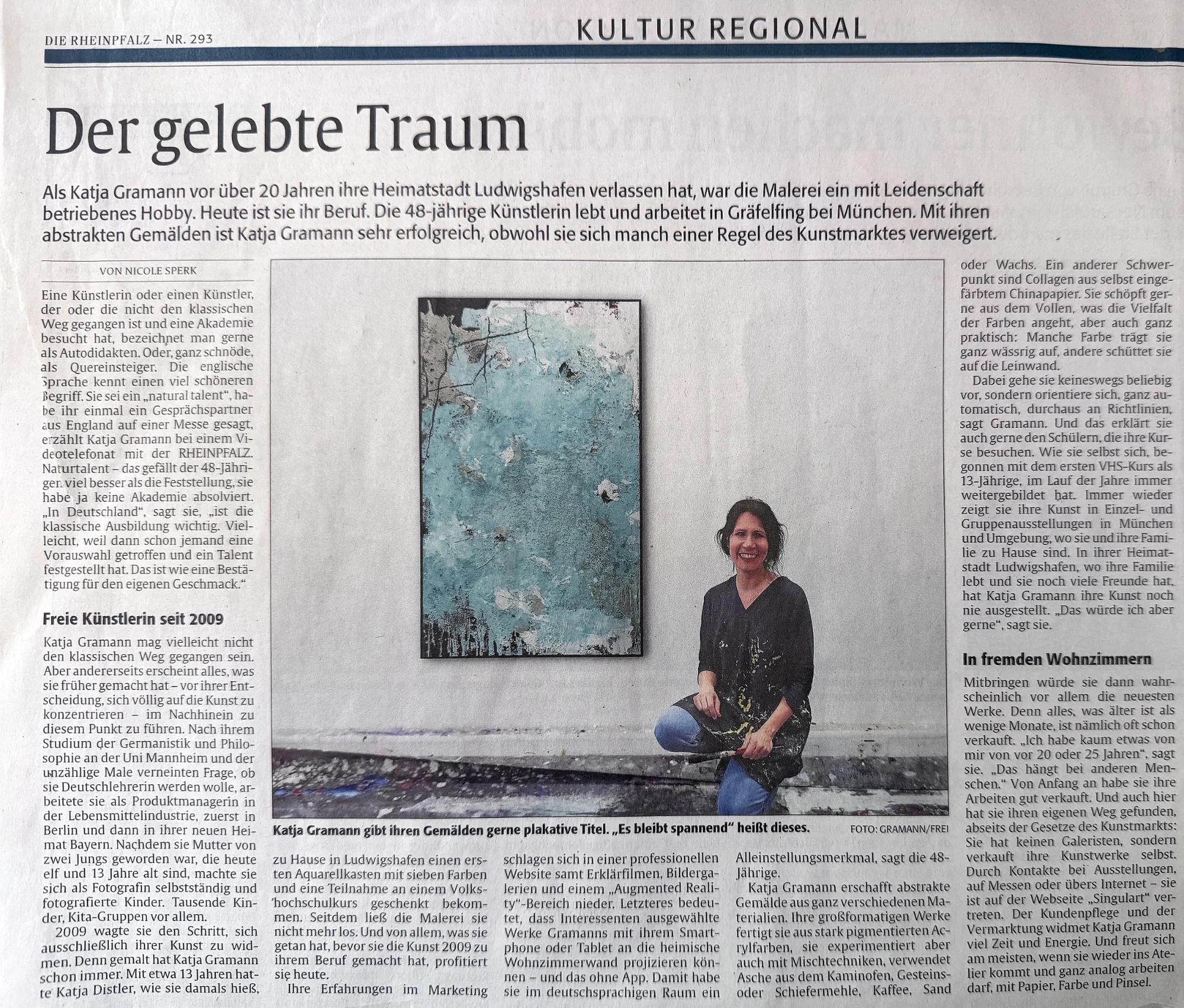 Porträt "Der gelebte Traum" in der Rheinpfalz vom 17. Dezember 2021 über die aus Ludwigshafen stammende Künstlerin Katja Gramann