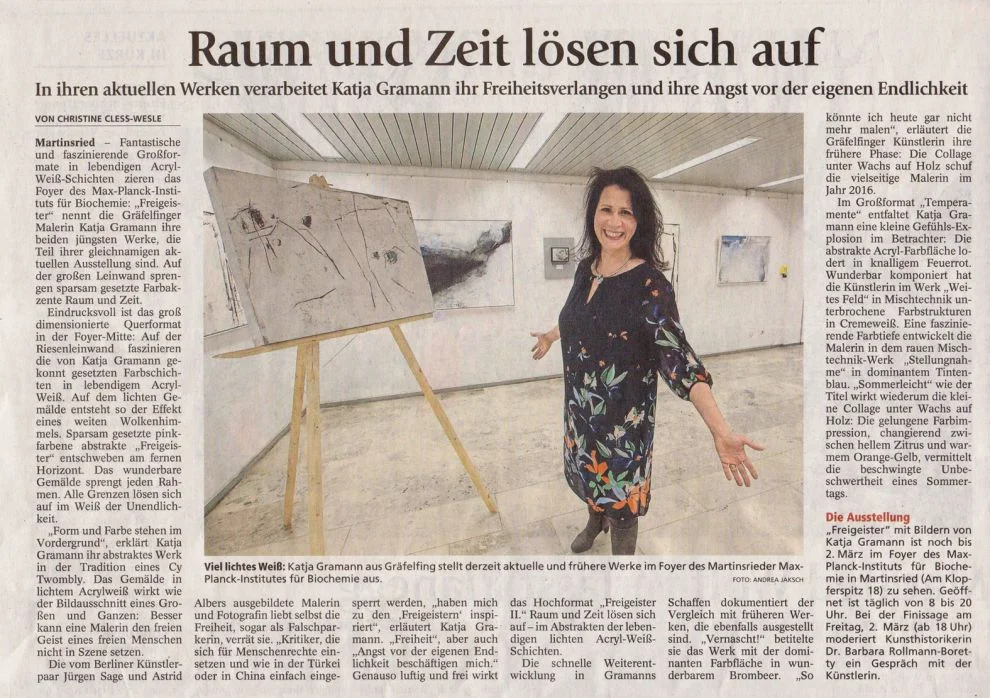 Pressebericht im Münchner Merkur vom 25. Januar 2018 über die Ausstellung "Freigeister" von Katja Gramann am Max-Planck-Institut für Biochemie in Martinsried
