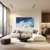 Wandinszenierung von "Thalassa" in hellem, minimalistischem Wohnzimmer mit beiger Polsterlandschaft und Holzelementen