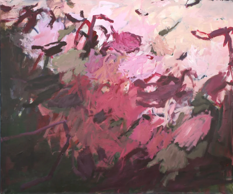 Abstraktes Acrylgemälde „Füreinander Nr. 3" von Katja Gramann in Rosa-, Magenta- und Grüntönen auf Leinwand (100x120cm) – Originalgemälde kaufen