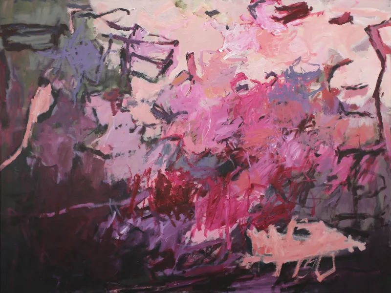 Abstraktes Acrylgemälde „Füreinander Nr. 4" von Katja Gramann in kräftigen Beerentönen, 120 x 160 cm, schwarz gerahmt