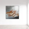 Abstraktes Mixed-Media-Gemälde „Neubeginn Nr. 4" von Katja Gramann an heller Altbauwand mit Rundbogenfenster