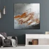 Quadratisches Gemälde „Neubeginn Nr. 4" von Katja Gramann an dunkelgrauer Wand über weißem Sideboard