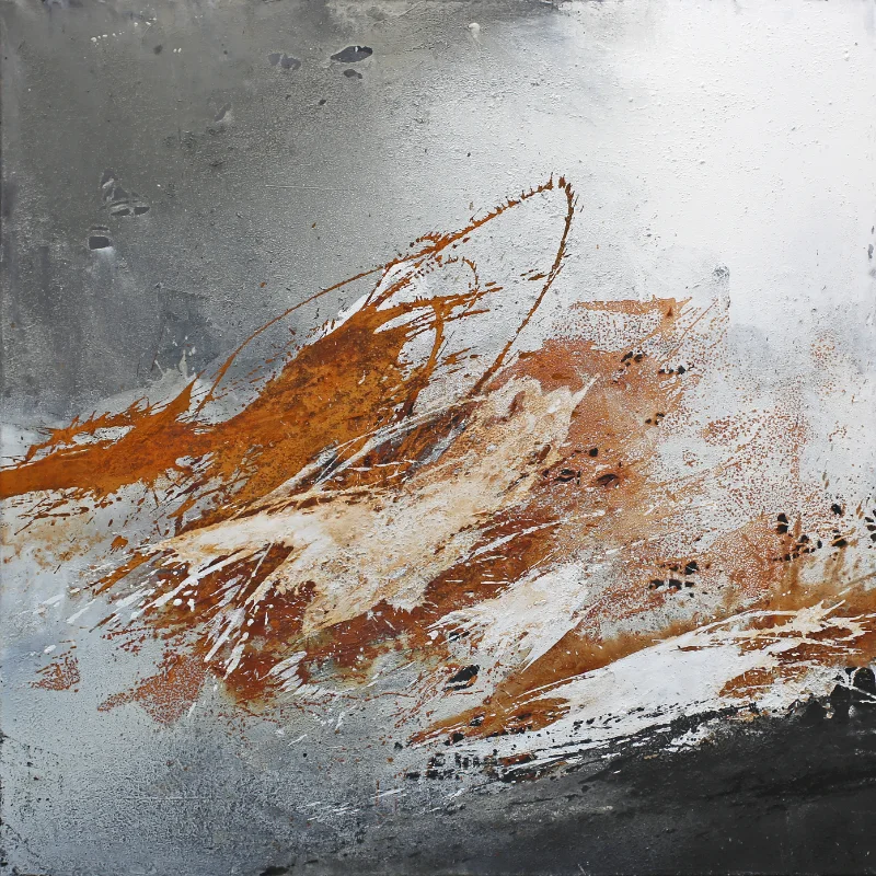 Abstraktes Mixed-Media-Gemälde „Neubeginn Nr. 4" von Katja Gramann mit Rost- und Weißtönen, 120 x 120 cm, im Metallrahmen